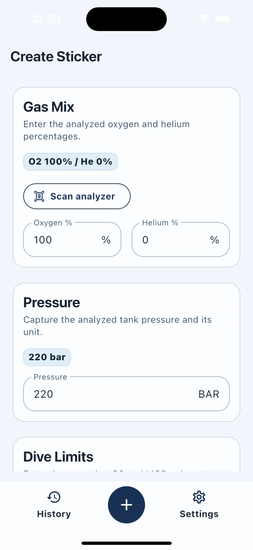 Scuba Tank Stickers screen for reviewing analyzed gas values before creating a cylinder label